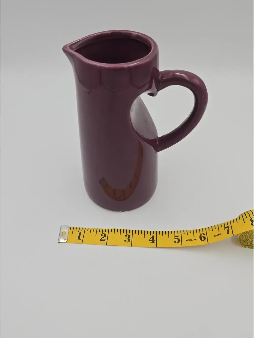 Burgundy Maroon Ceramic Pitcher Jug Heart Handle Vase 6.5